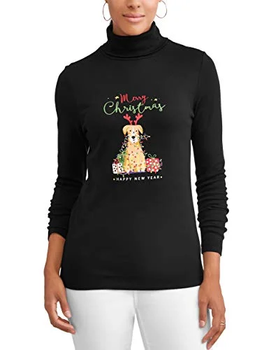 Time & Tru Womens Merry Christmas & Happy New Year Santa Dog Turtleneck (Small (4/6)) Black