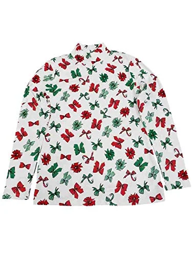 Time and Tru Christmas Bows All Over Winter White Long Sleeve Mock Neck Top - Small