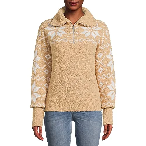 TIme & Tru Women's Super Soft Quarter Zip Pullover (Beige, 2XL)