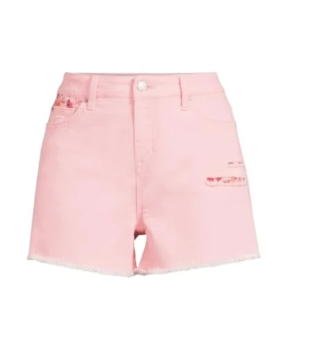 Time and Tru High Rise Denim Floral Shorts, Pink, 4